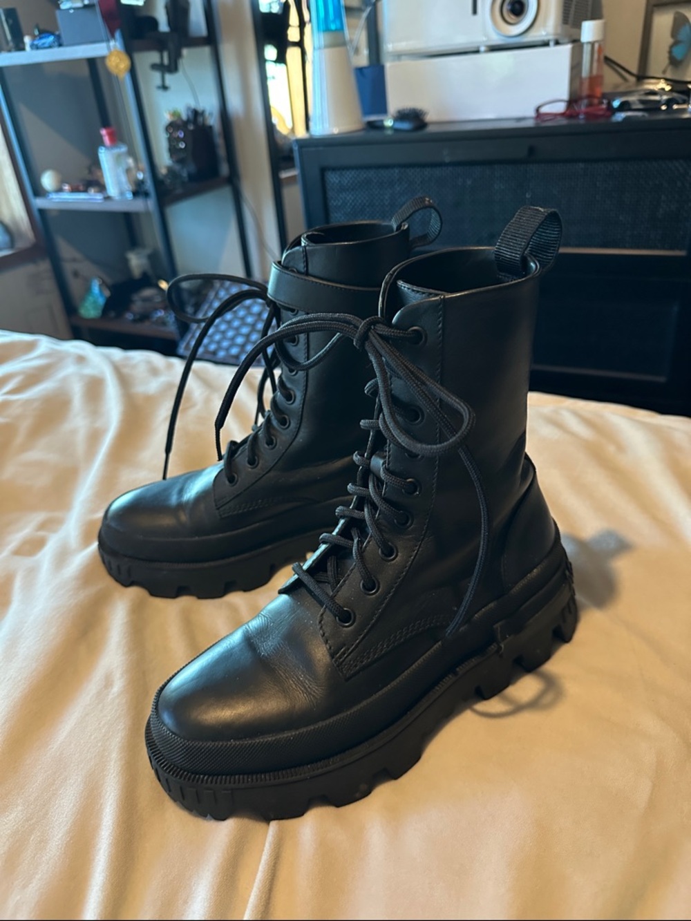 Moncler Leather Lace-Up Combat Boots